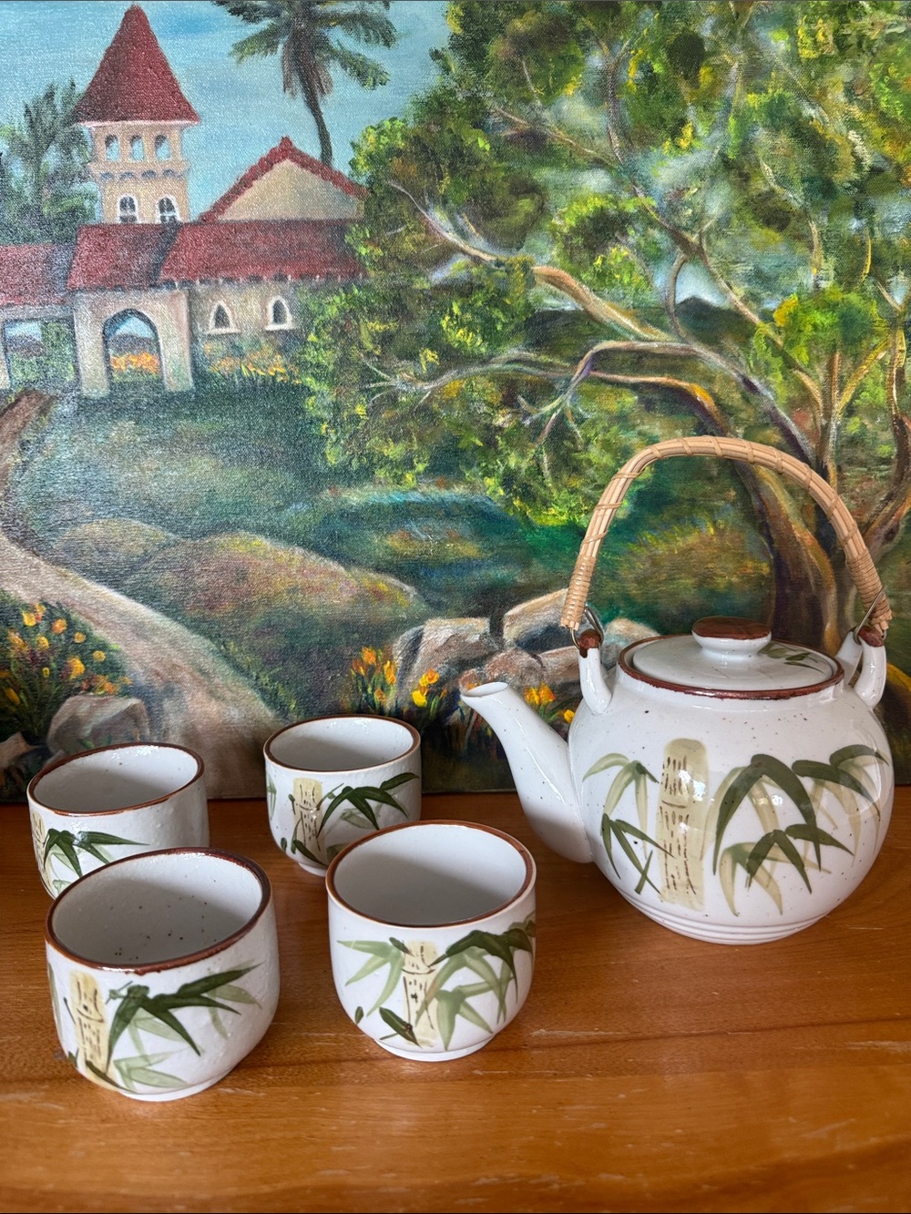 Mid Century Hand-Painted Bamboo Ceramic Tea Set in White and Green